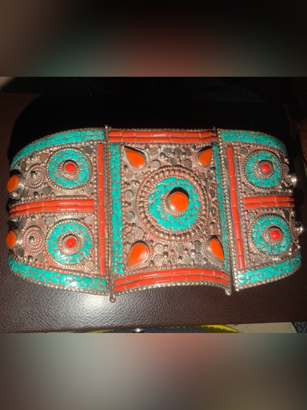 Tibetan Silver Artisan Turquoise and Coral - Handcrafted Large Cuff Bracelet